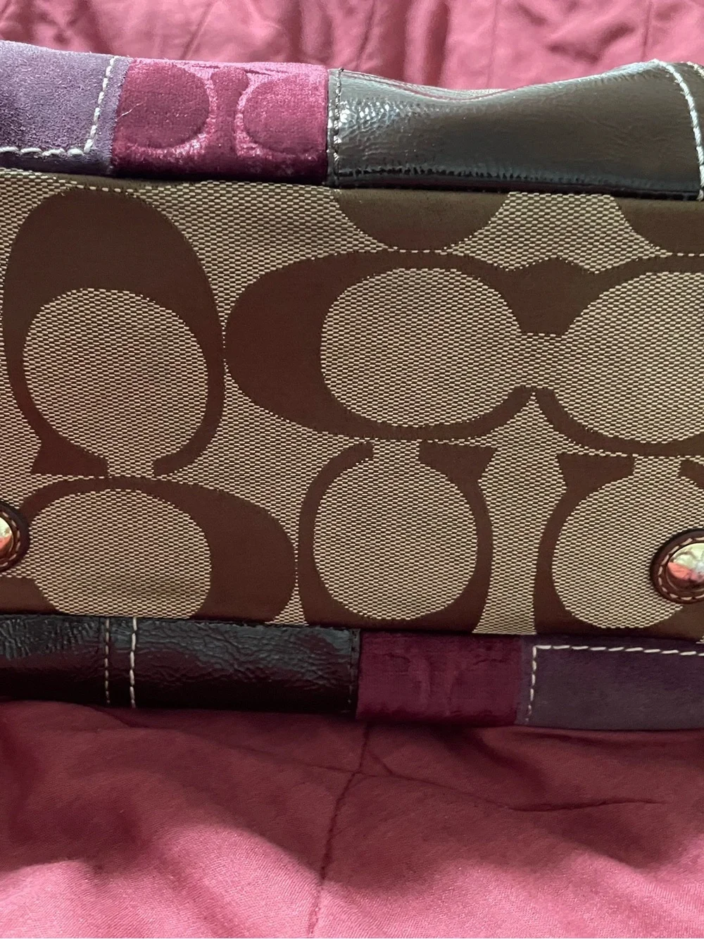 Coach Patchwork Shoulder Tote — Brown, Green, Blue, Burgundy, Cream